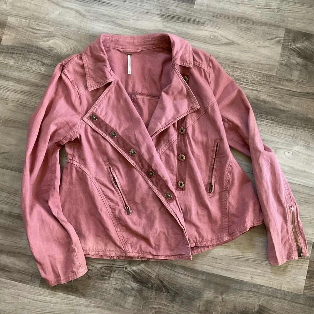 Free People Rosewood Linen Moto Style Jacket Zipper Pockets Snap Close M - Picture 3 of 6